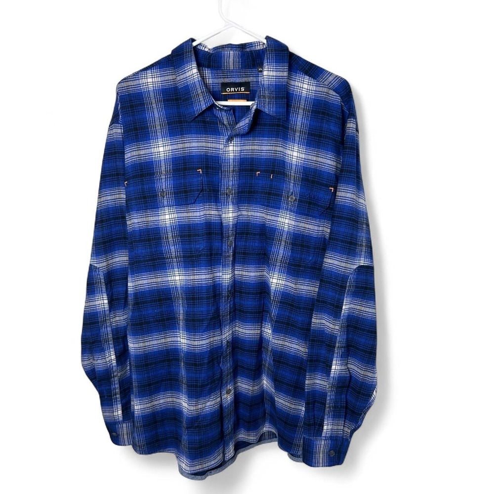 Orvis‎ Shirt Mens XL Blue Plaid Flannel Active Fit Long Sleeve Button Up